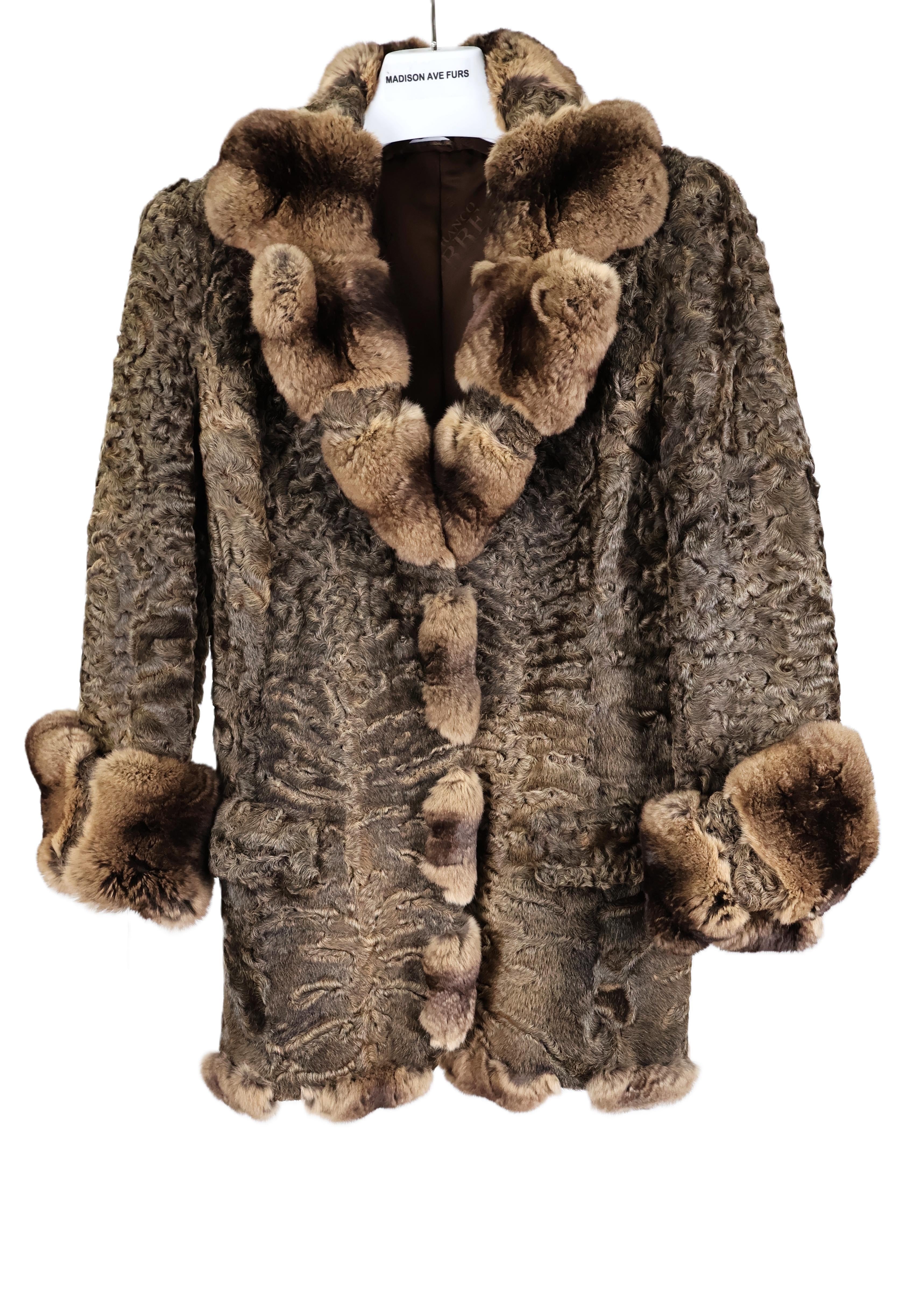 PRE-OWNED GIANFRANCO FERRE MOCHA SWAKARA LAMB W/ CROSS CUT CHINCHILLA NOTCH COLLAR & CUFFS