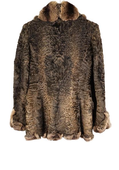 PRE-OWNED GIANFRANCO FERRE MOCHA SWAKARA LAMB W/ CROSS CUT CHINCHILLA NOTCH COLLAR & CUFFS