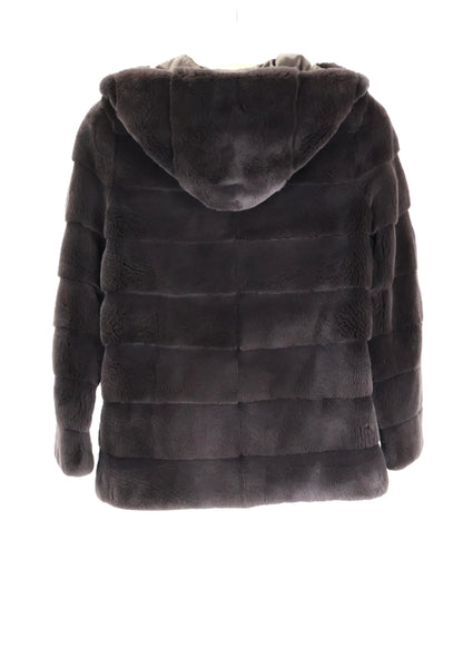 PRE-OWNED NORMAN AMBROSE GREY DYED HORIZONTAL SHEARED MINK HOODED ZIPPER JACKET