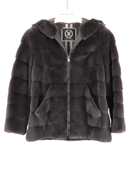 PRE-OWNED NORMAN AMBROSE GREY DYED HORIZONTAL SHEARED MINK HOODED ZIPPER JACKET