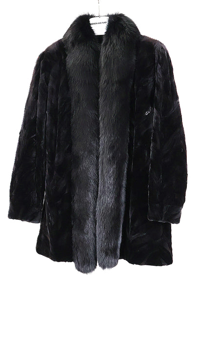 PRE-OWNED BLACK SHEARED MINK SECTION 3/4 JACKET W/ BLACK FOX TUXEDO FRONT