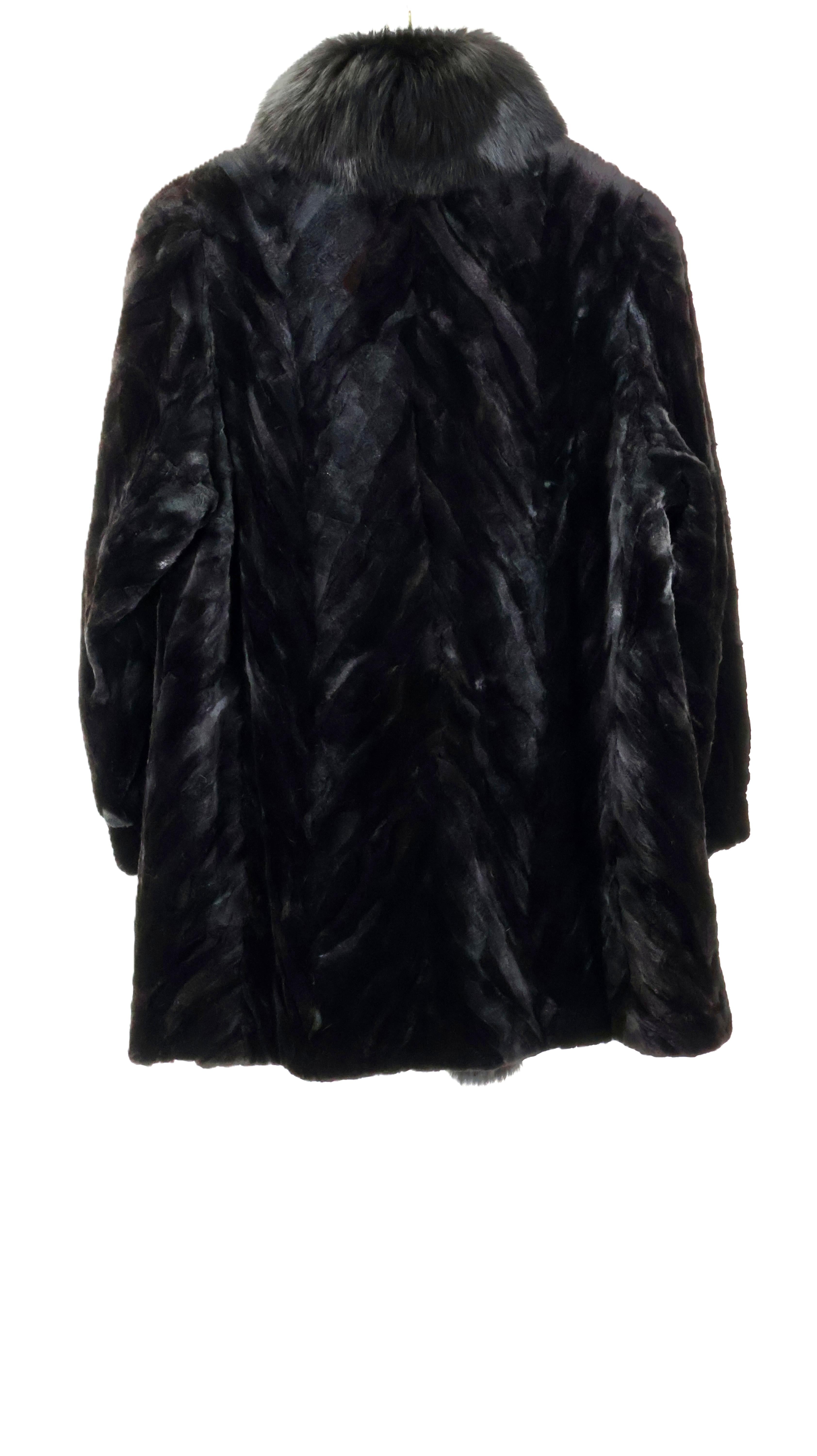 PRE-OWNED BLACK SHEARED MINK SECTION 3/4 JACKET W/ BLACK FOX TUXEDO FRONT