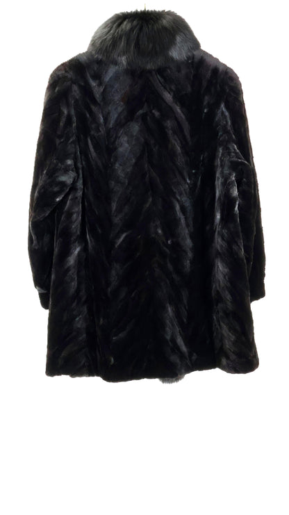PRE-OWNED BLACK SHEARED MINK SECTION 3/4 JACKET W/ BLACK FOX TUXEDO FRONT
