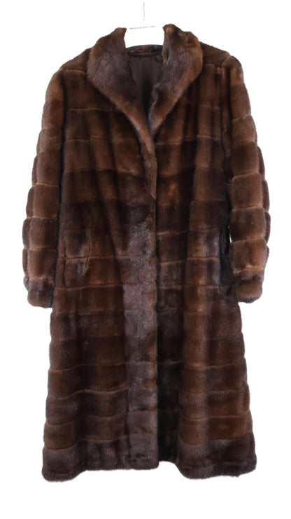 PRE-OWNED MAHOGANY HORIZONTAL MINK 7/8 COAT W/ WING COLLAR & BAND CUFF