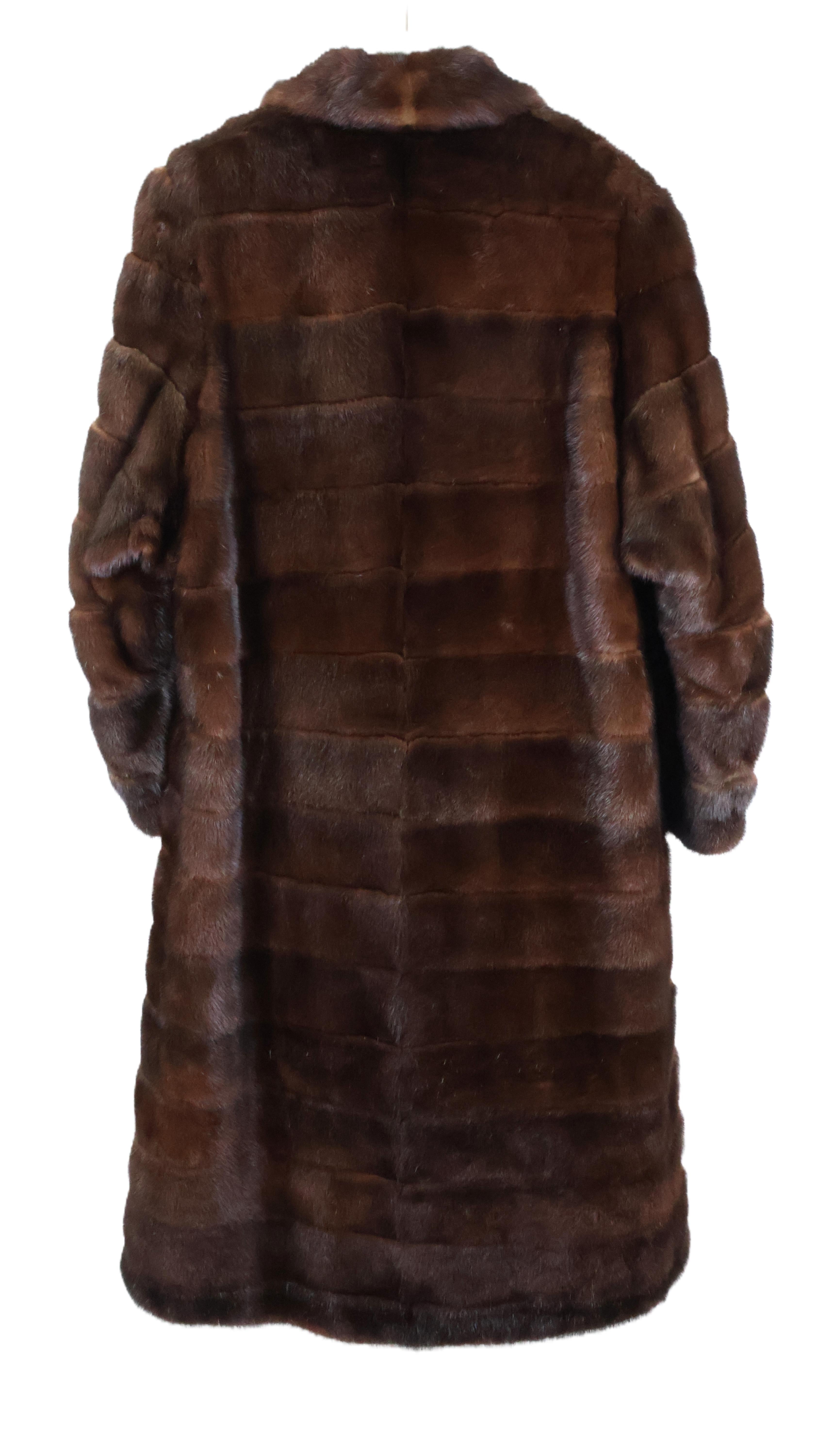 PRE-OWNED MAHOGANY HORIZONTAL MINK 7/8 COAT W/ WING COLLAR & BAND CUFF