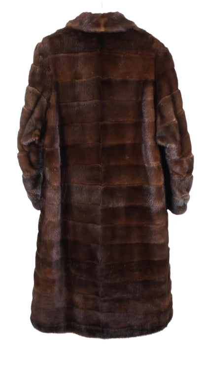 PRE-OWNED MAHOGANY HORIZONTAL MINK 7/8 COAT W/ WING COLLAR & BAND CUFF