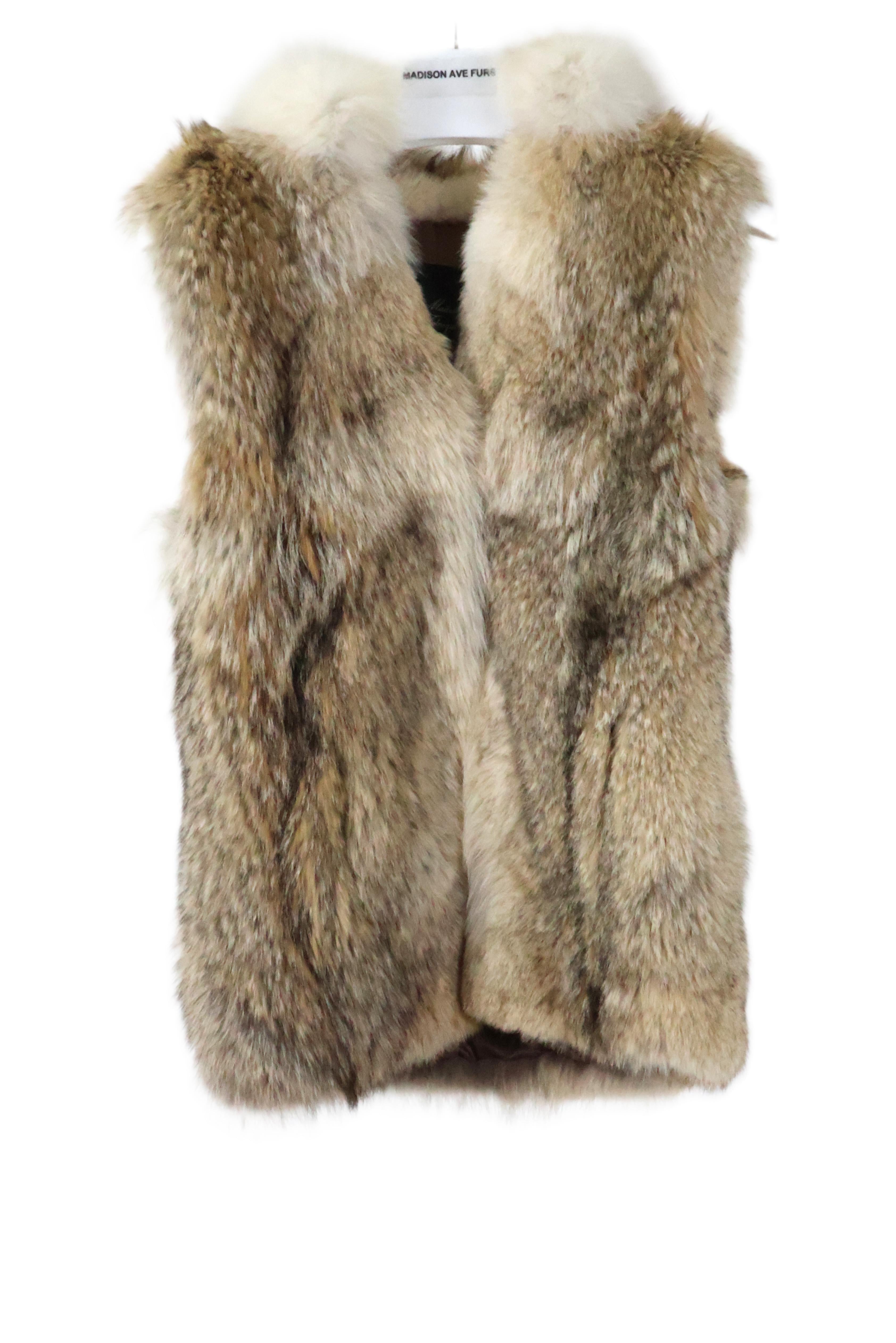 PRE-OWNED COYOTE HOODED VEST W/ WHITE FOX TRIM ON HOOD