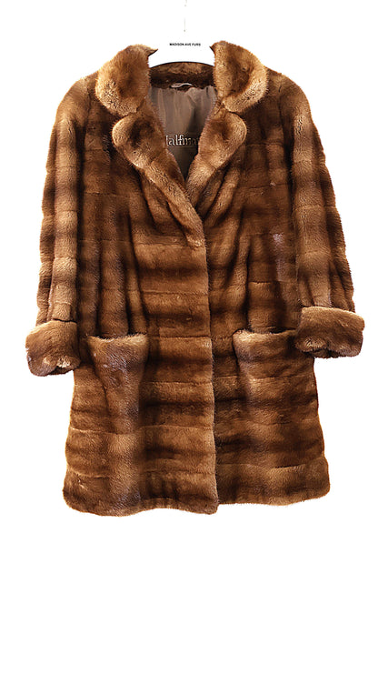 PRE-OWNED DEMI BUFF HORIZONTAL MINK STROLLER W/ NOTCH COLLAR, TURN BACK CUFFS, PATCH POCKETS & SIDE SLITS