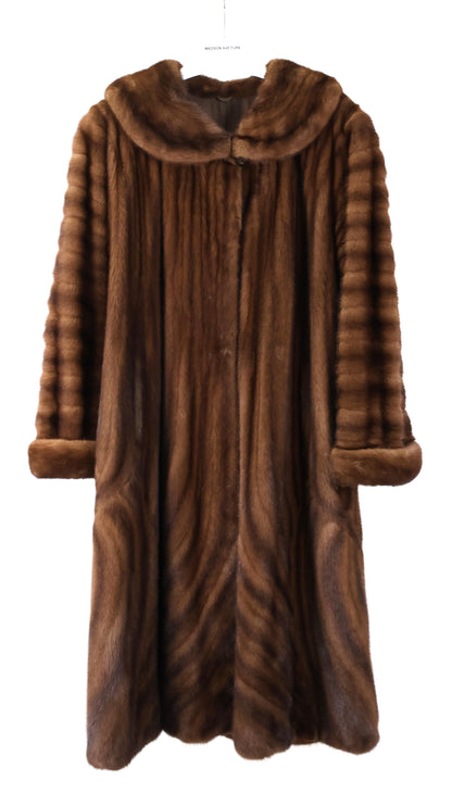 PRE-OWNED DEMI BUFF MINK DIRECTIONAL COAT W/ PORTRAIT COLLAR, HORIZONTAL SLEEVES & TURN BACK CUFFS