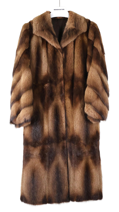 PRE-OWNED BROWN DYED PANELLED FITCH COAT W/ WING COLLAR, DIAGONAL SLEEVES  & BANDED CUFFS