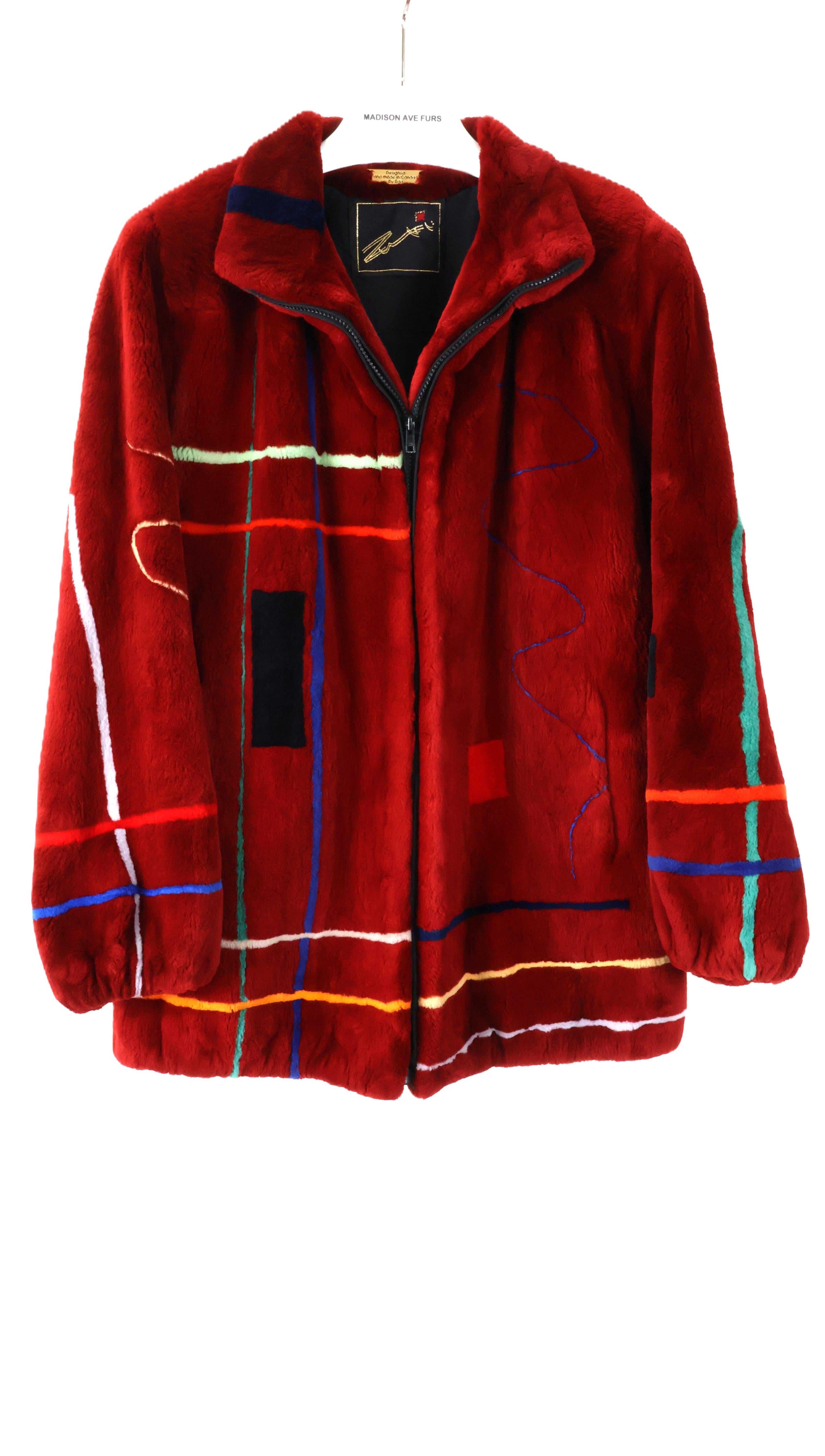 PRE-OWNED ZUKI RED INTARSIA SHEARED BEAVER BOMBER JACKET W/ STAND COLLAR & ELASTIC CUFF