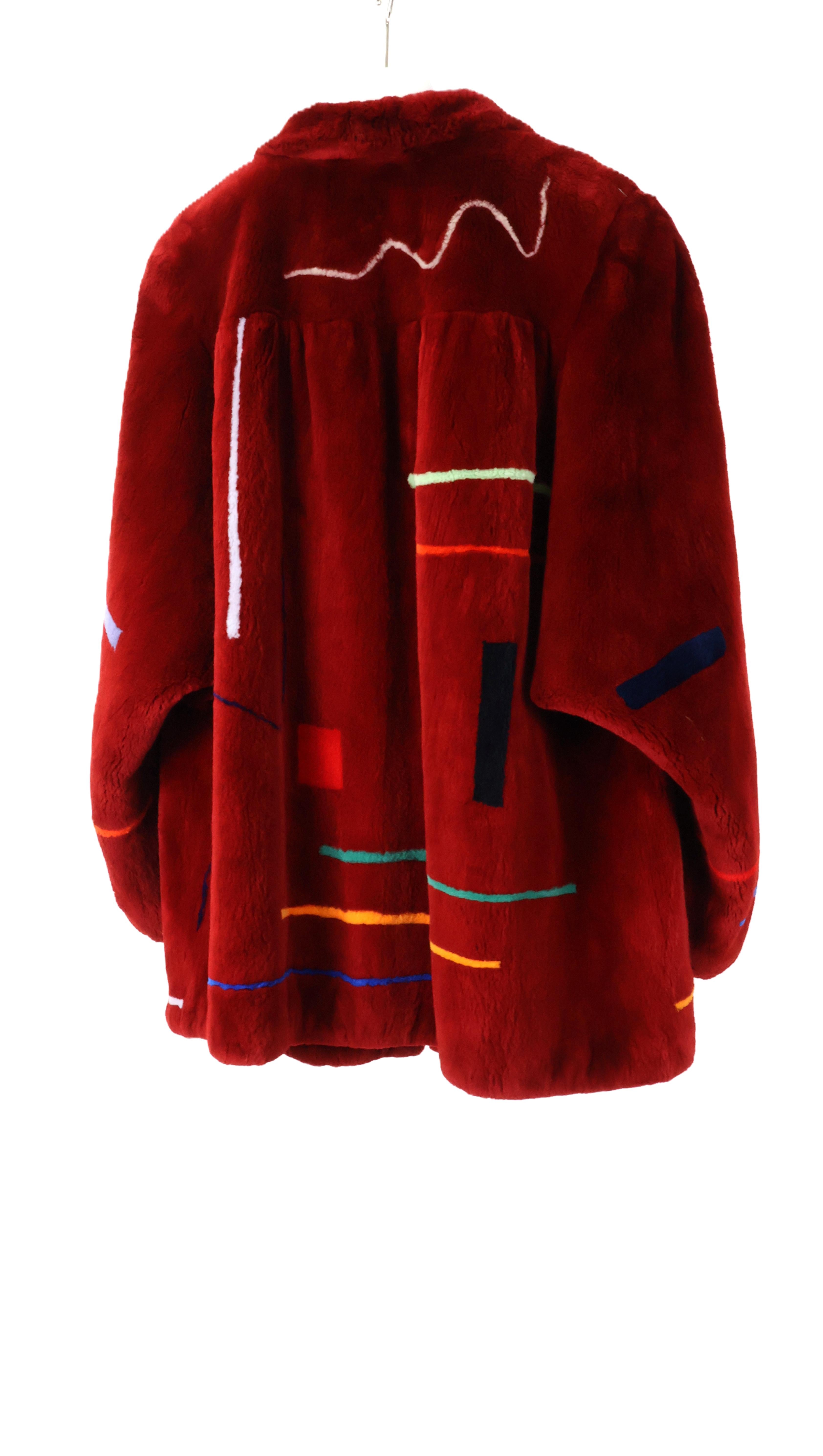 PRE-OWNED ZUKI RED INTARSIA SHEARED BEAVER BOMBER JACKET W/ STAND COLLAR & ELASTIC CUFF