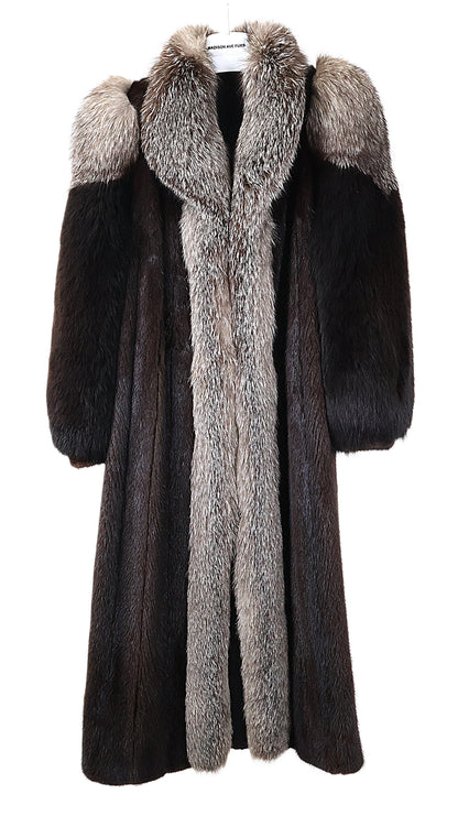 PRE-OWNED RANCH MINK COAT W/ INDIGO FOX TUXEDO. BLACK FOX SLEEVES, WING COLLAR & BRACELET CUFF