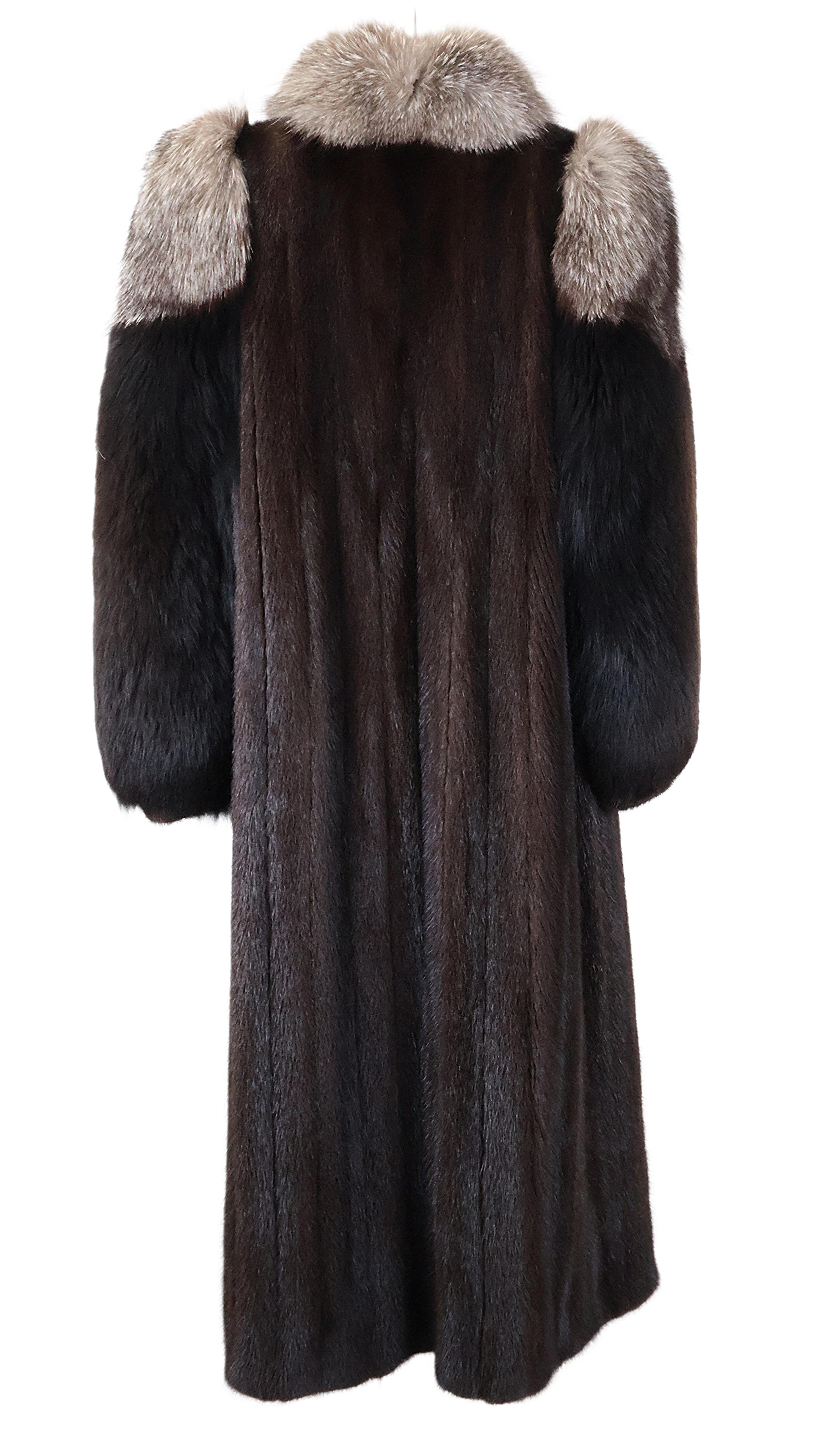PRE-OWNED RANCH MINK COAT W/ INDIGO FOX TUXEDO. BLACK FOX SLEEVES, WING COLLAR & BRACELET CUFF