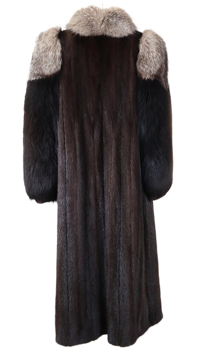 PRE-OWNED RANCH MINK COAT W/ INDIGO FOX TUXEDO. BLACK FOX SLEEVES, WING COLLAR & BRACELET CUFF