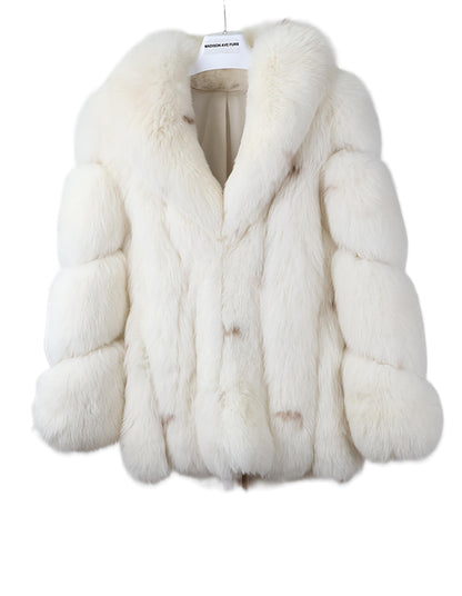 PRE-OWNED WHITE SPOTTED FOX JACKET W/ SHAWL COLLAR & DIAGONAL SLEEVES