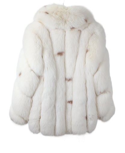 PRE-OWNED WHITE SPOTTED FOX JACKET W/ SHAWL COLLAR & DIAGONAL SLEEVES