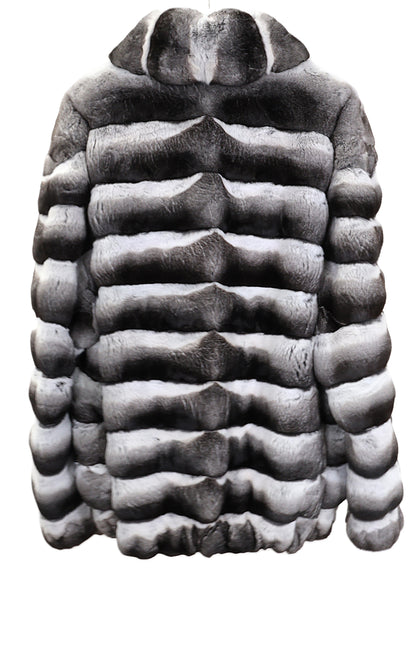 PRE-OWNED MEN'S NATURAL CHINCHILLA HORIZONTAL BOMBER JACKET W/ WING COLLAR & ELASTIC SLEEVE FINISH