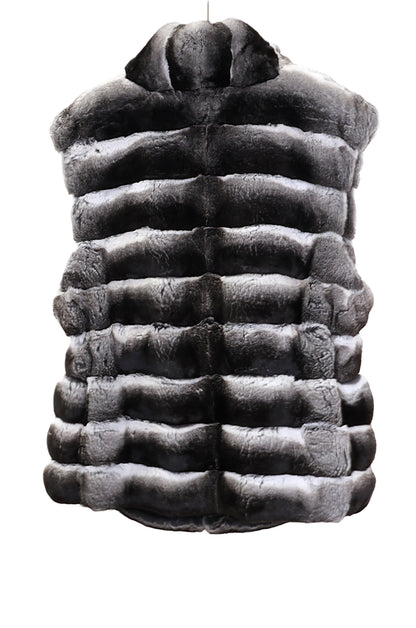 PRE-OWNED NATURAL CHINCHILLA HORIZONTAL VEST W/ STAND UP COLLAR & DRAWSTRING AT WAIST