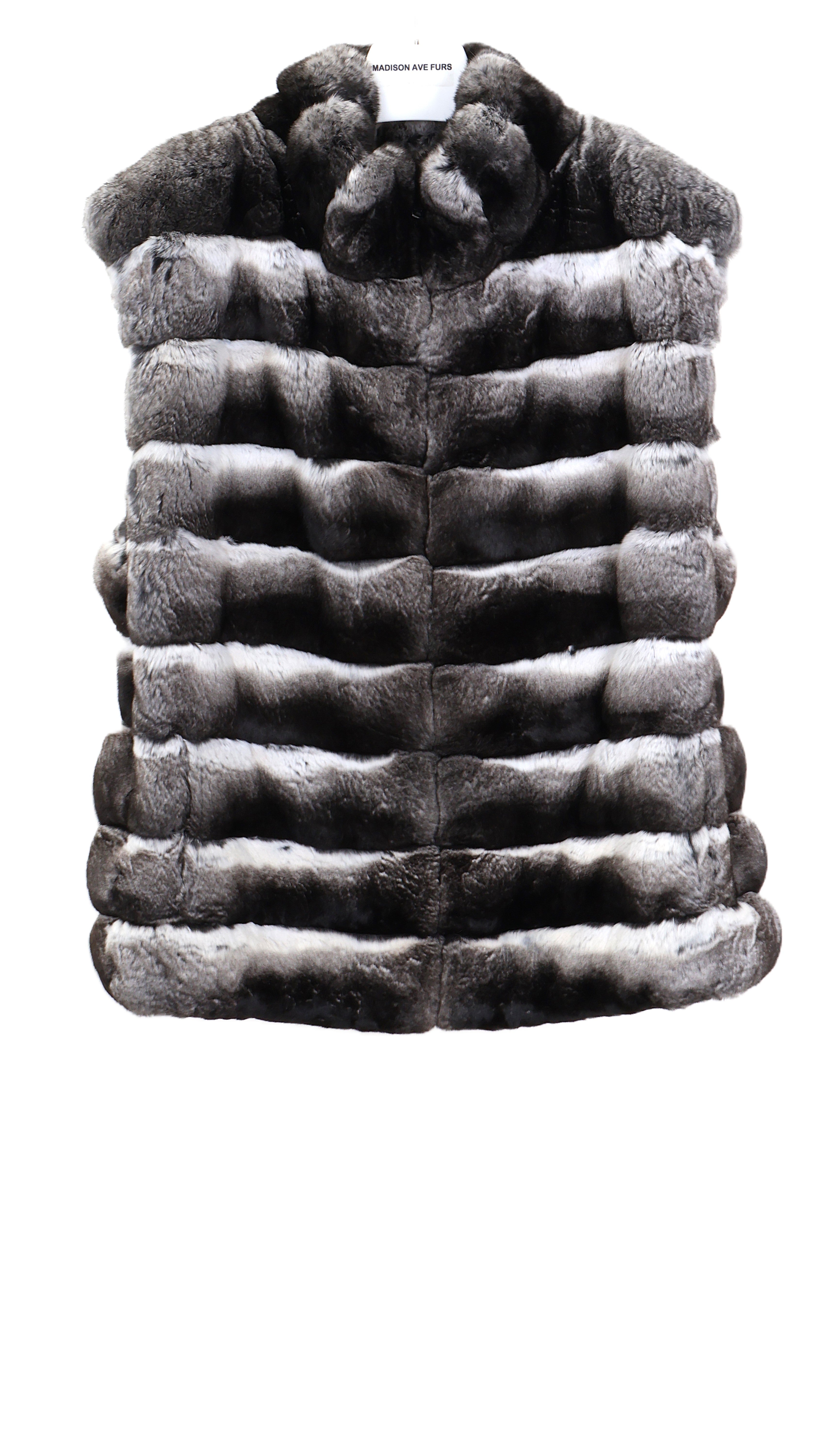 PRE-OWNED NATURAL CHINCHILLA HORIZONTAL VEST W/ STAND UP COLLAR & DRAWSTRING AT WAIST
