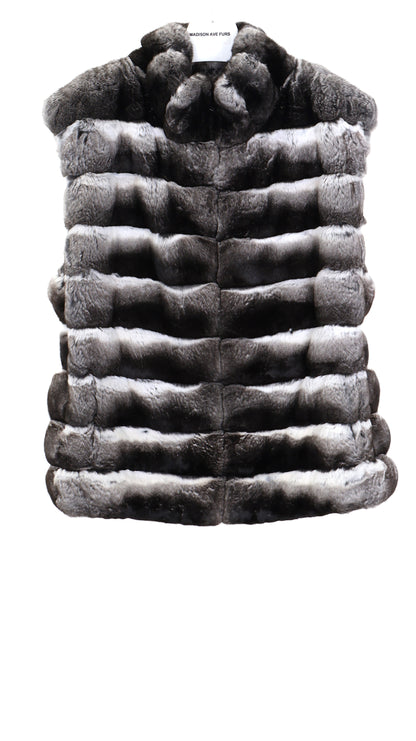 PRE-OWNED NATURAL CHINCHILLA HORIZONTAL VEST W/ STAND UP COLLAR & DRAWSTRING AT WAIST