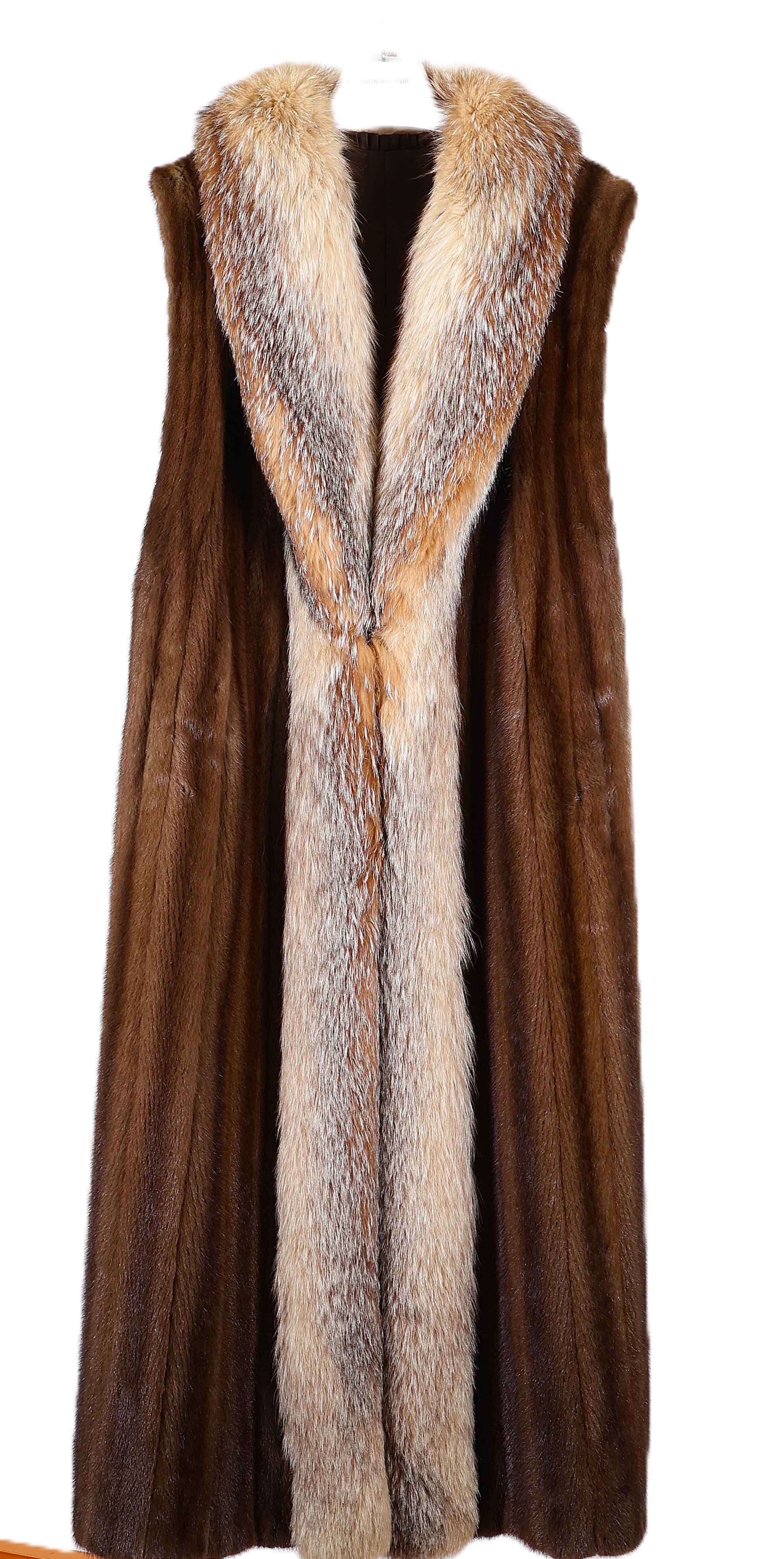 PRE OWNED MAHOGANY MINK LONG VEST W/ CRYSTAL FOX TUXRDO FRONT