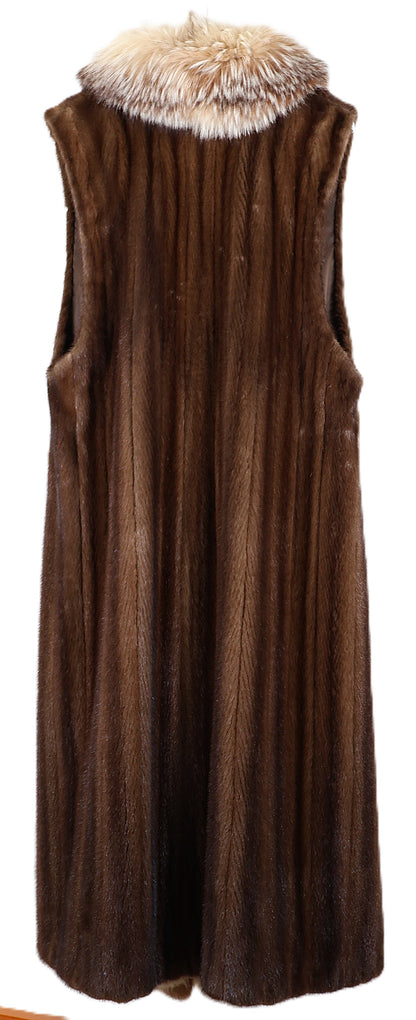 PRE OWNED MAHOGANY MINK LONG VEST W/ CRYSTAL FOX TUXRDO FRONT