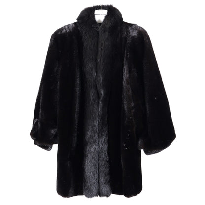 PRE-OWNED BLACK DYED HAIR UP MINK STROLLER W/ BLACK DYED FOX TUXEDO FRONT & MINK BRACELET CUFFS
