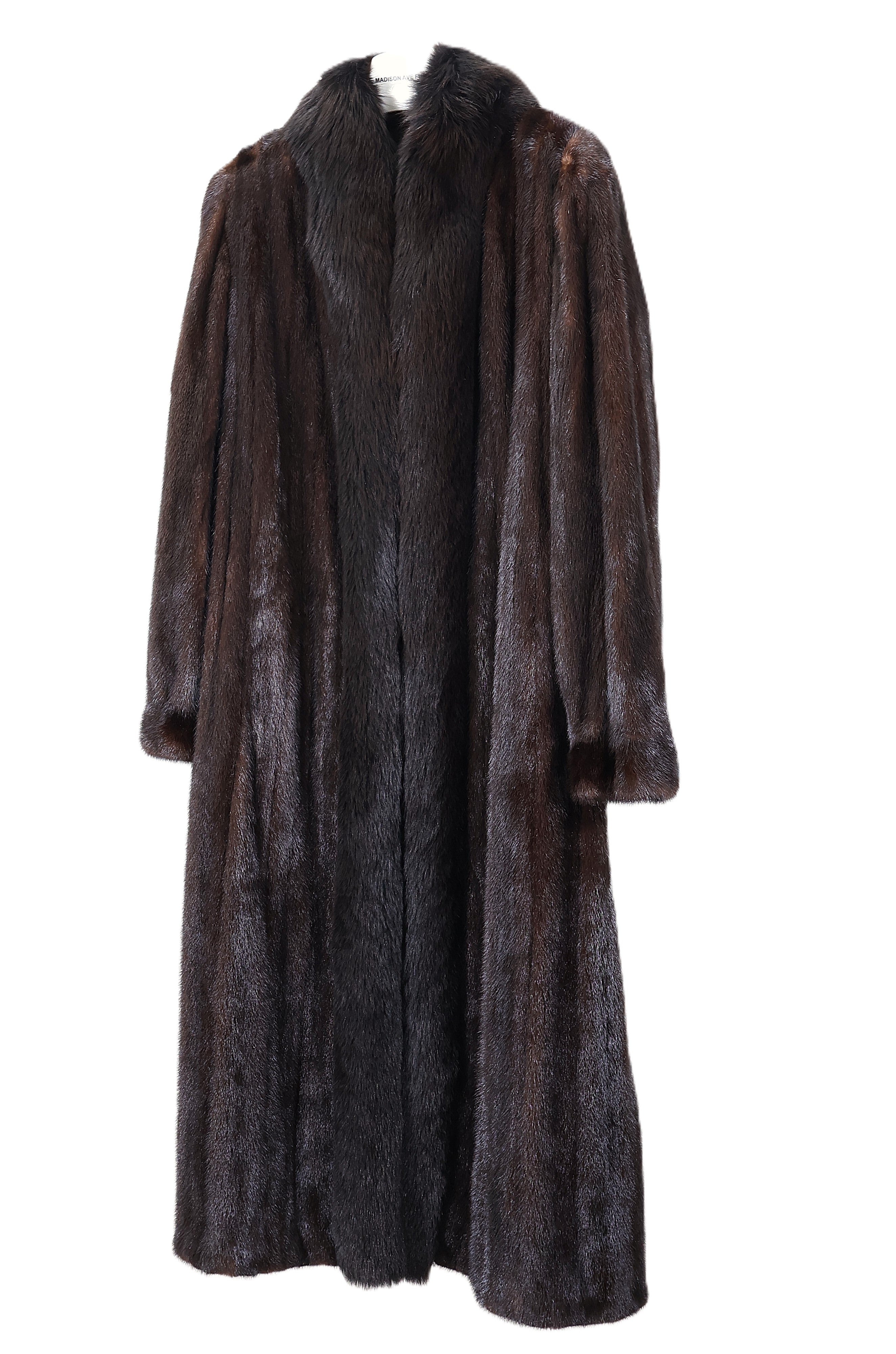 PRE-OWNED NATURAL RANCH MINK COAT W/ DYED BROWN TUXEDO FRONTS & MINK BAND CUFFS