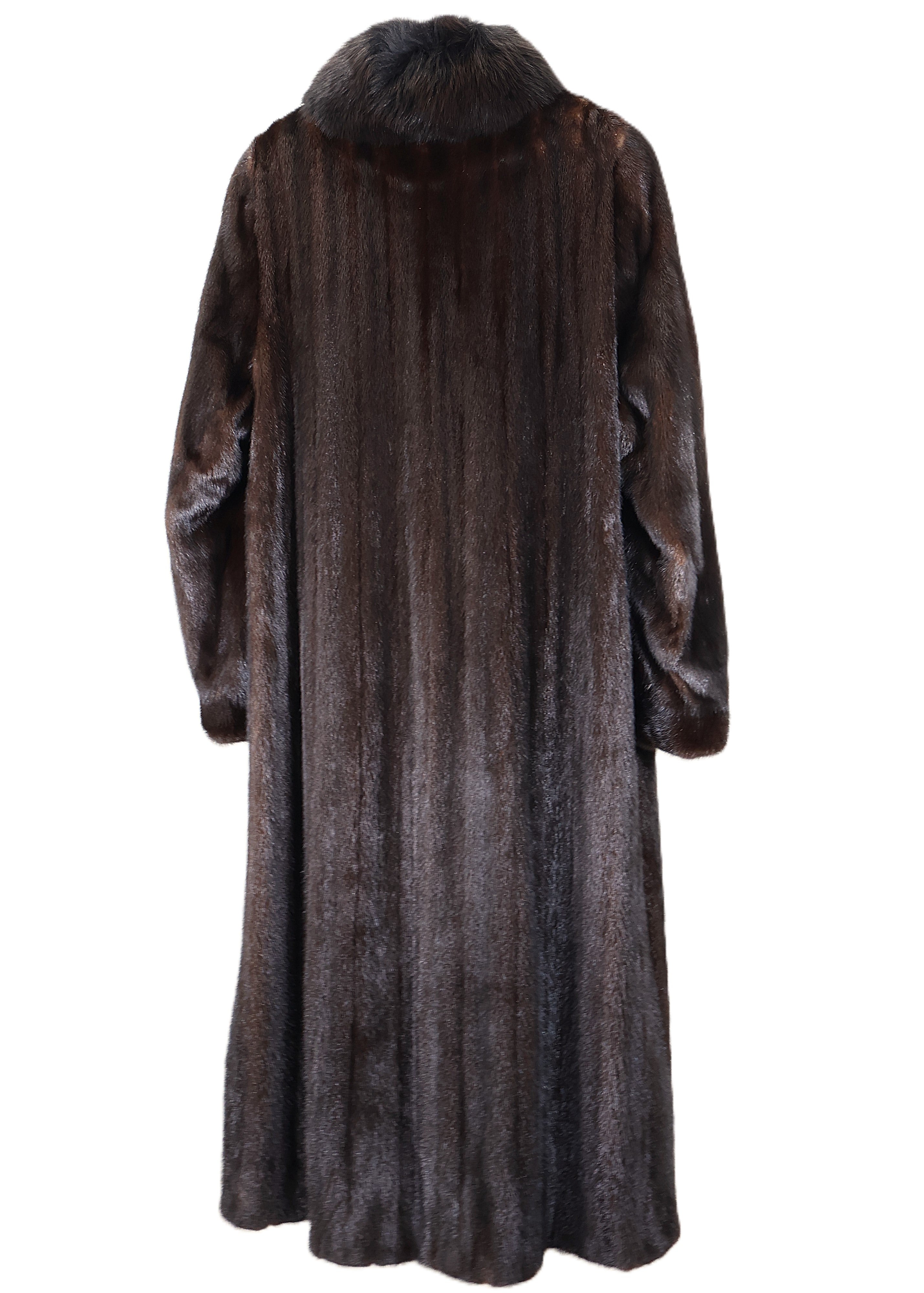 PRE-OWNED NATURAL RANCH MINK COAT W/ DYED BROWN TUXEDO FRONTS & MINK BAND CUFFS