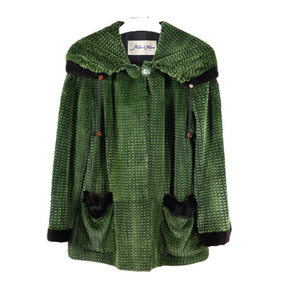 PRE-OWNED GREEN DYED GROOVED SHEARED MINK JACKET W/ HOOD & BLACK SHEARED MINK TRIM AT SLEEVE EDGE, HOOD & PATCH POCKETS