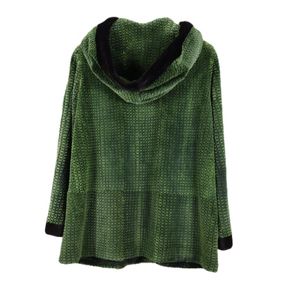 PRE-OWNED GREEN DYED GROOVED SHEARED MINK JACKET W/ HOOD & BLACK SHEARED MINK TRIM AT SLEEVE EDGE, HOOD & PATCH POCKETS