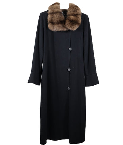 PRE-OWNED BLACK CASHMERE COAT W/ CROSS-CUT SABLE WING COLLAR