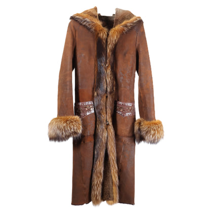 PRE-OWNED CAMEL DISTRESSED HOODED SHEARLING COAT W/ DYED FOX TRIM & CUFFS, LEATHER & BEADED POCKETS
