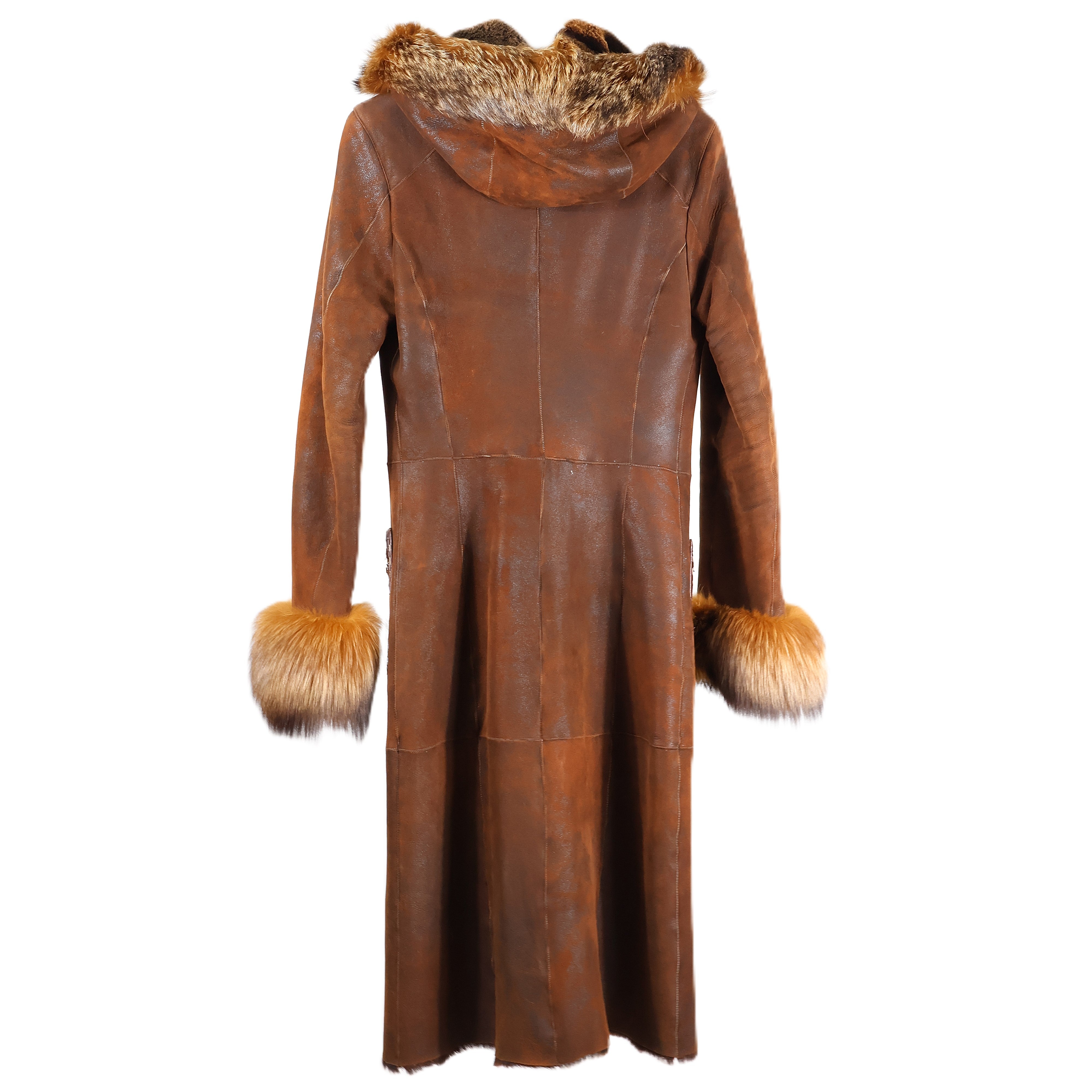 PRE-OWNED CAMEL DISTRESSED HOODED SHEARLING COAT W/ DYED FOX TRIM & CUFFS, LEATHER & BEADED POCKETS