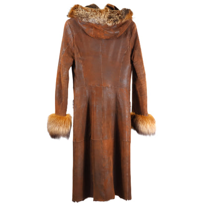 PRE-OWNED CAMEL DISTRESSED HOODED SHEARLING COAT W/ DYED FOX TRIM & CUFFS, LEATHER & BEADED POCKETS