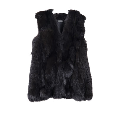 PRE-OWNED BLACK DYED COLLARLESS FOX VEST