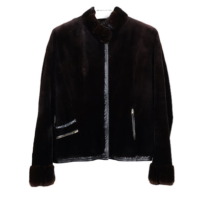 PRE-OWNED BLACK DYED SHEARED MINK ZIPPERED JACKET W/ LONG HAIR MINK COLLAR & CUFFS, LEATHER TRIM