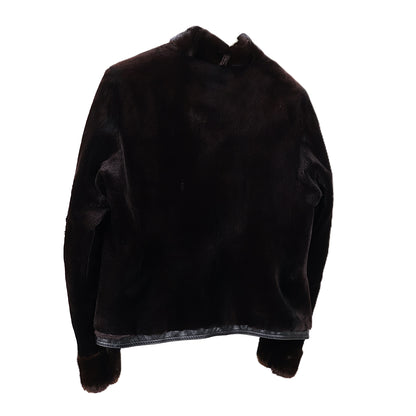 PRE-OWNED BLACK DYED SHEARED MINK ZIPPERED JACKET W/ LONG HAIR MINK COLLAR & CUFFS, LEATHER TRIM