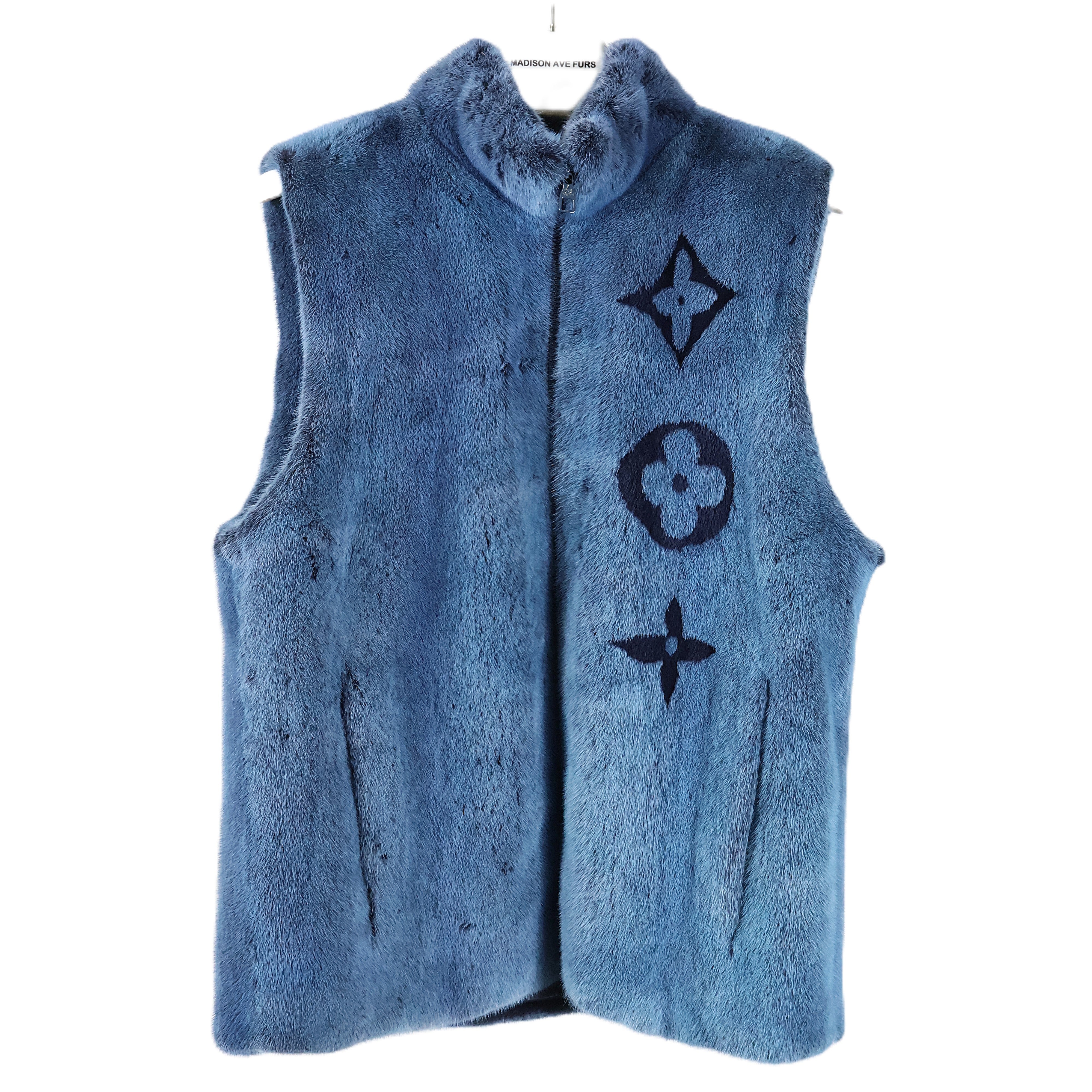 PRE-OWNED LOUIS VUITTON BLUE DYED ZIPPERED MINK VEST W/ STAND COLLAR & BLACK INSIGNIA