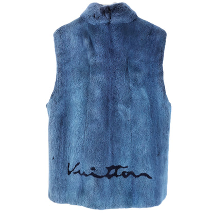 PRE-OWNED LOUIS VUITTON BLUE DYED ZIPPERED MINK VEST W/ STAND COLLAR & BLACK INSIGNIA