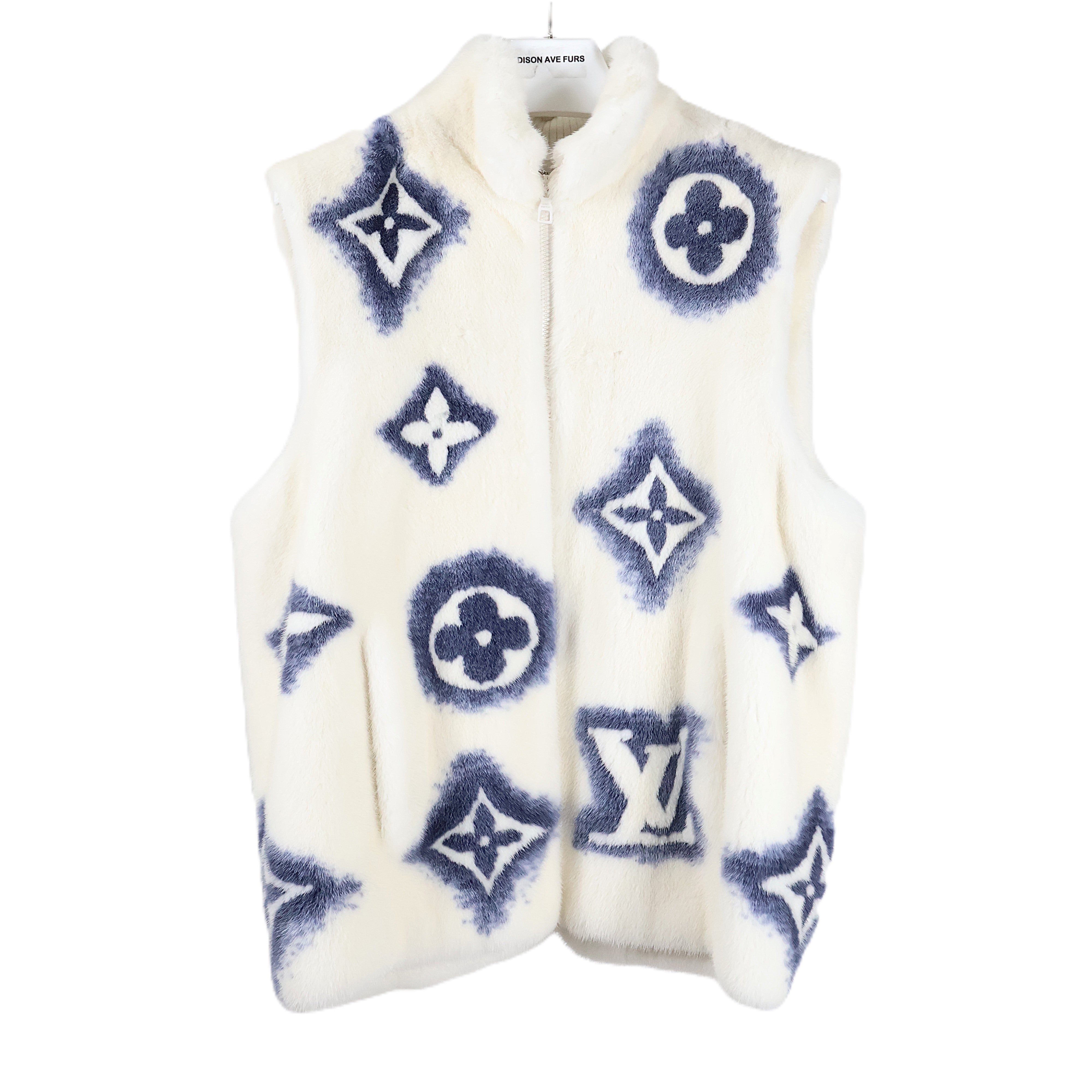 PRE-OWNED LOUIS VUITTON WHITE MINK ZIPPERED VEST W/ STAND COLLAR & POWDER BLUE LV LOGO