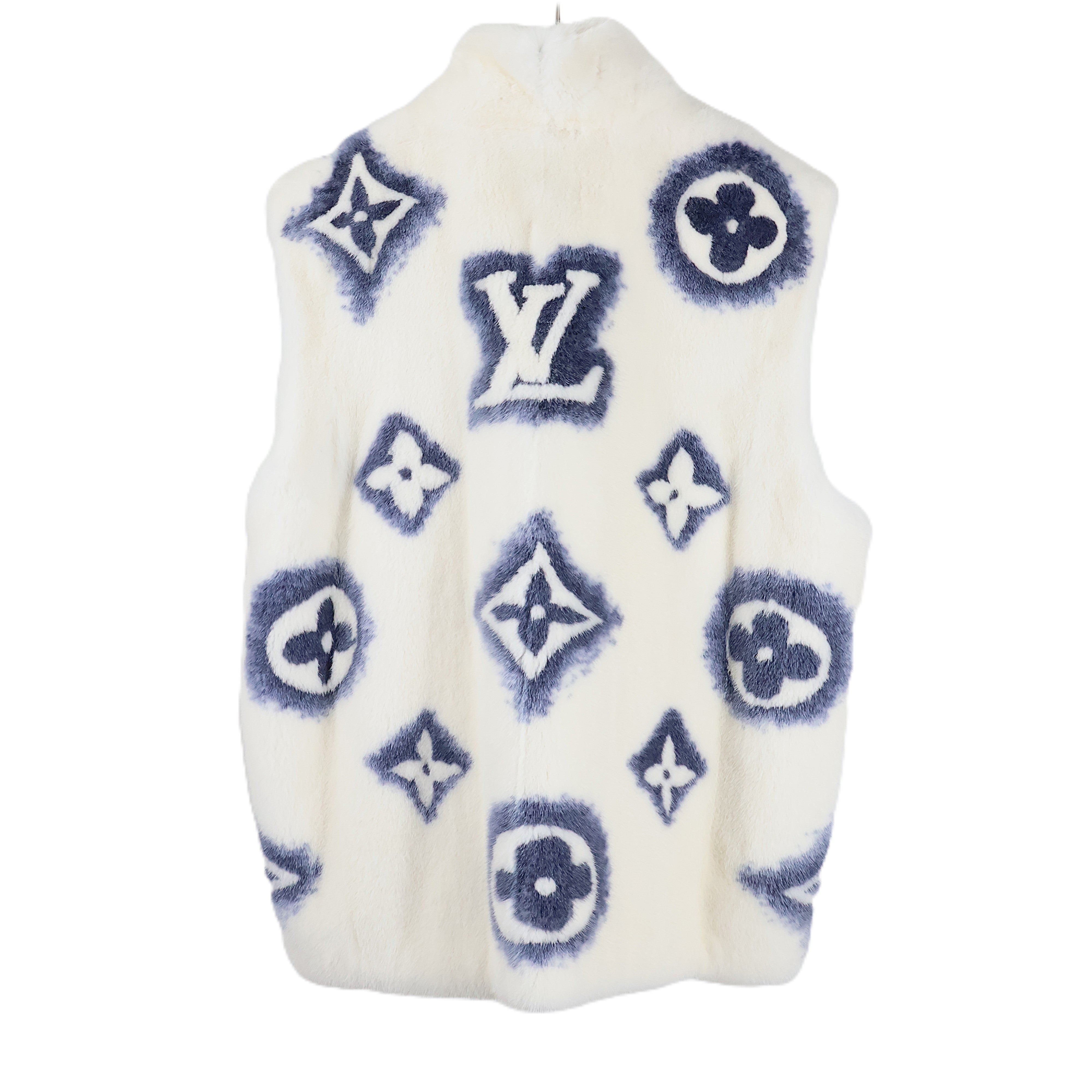PRE-OWNED LOUIS VUITTON WHITE MINK ZIPPERED VEST W/ STAND COLLAR & POWDER BLUE LV LOGO