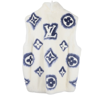 PRE-OWNED LOUIS VUITTON WHITE MINK ZIPPERED VEST W/ STAND COLLAR & POWDER BLUE LV LOGO