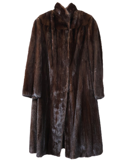 PRE-OWNED MAHOGANY DYED MINK COAT W/ WING COLLAR & BANDED CUFFS & SCALLOPED HEM