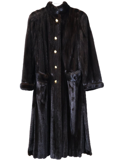 PRE-OWNED BISANG RANCH MINK COAT W/ SIDE SLITS, STAND UP COLLAR, TURN BACK CUFFS & PATCH POCKETS