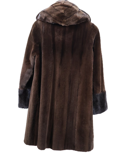 PRE-OWNED BROWN SHEARED MINK STROLLER W/ DETACHABLE HOOD, LONG HAIR MINK WING COLLAR & CUFFS