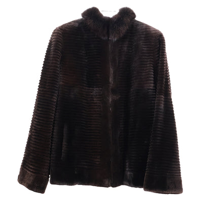 PRE-OWNED BROWN DYED SHEARED & GROOVED MINK ZIPPERED JACKET W/ BROWN FOX COLLAR
