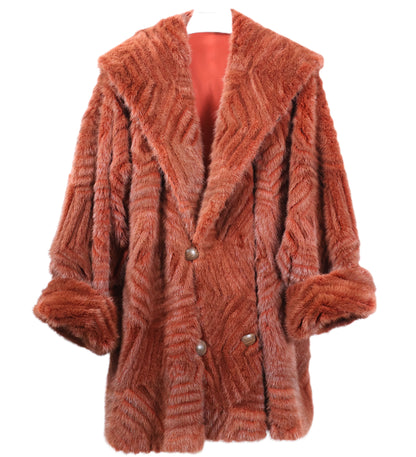 PRE-OWNED BRICK RED DYED LAYERED MINK HOODED STROLLER W/ TURN BACK CUFFS REVERSIBLE TO TAFFETA