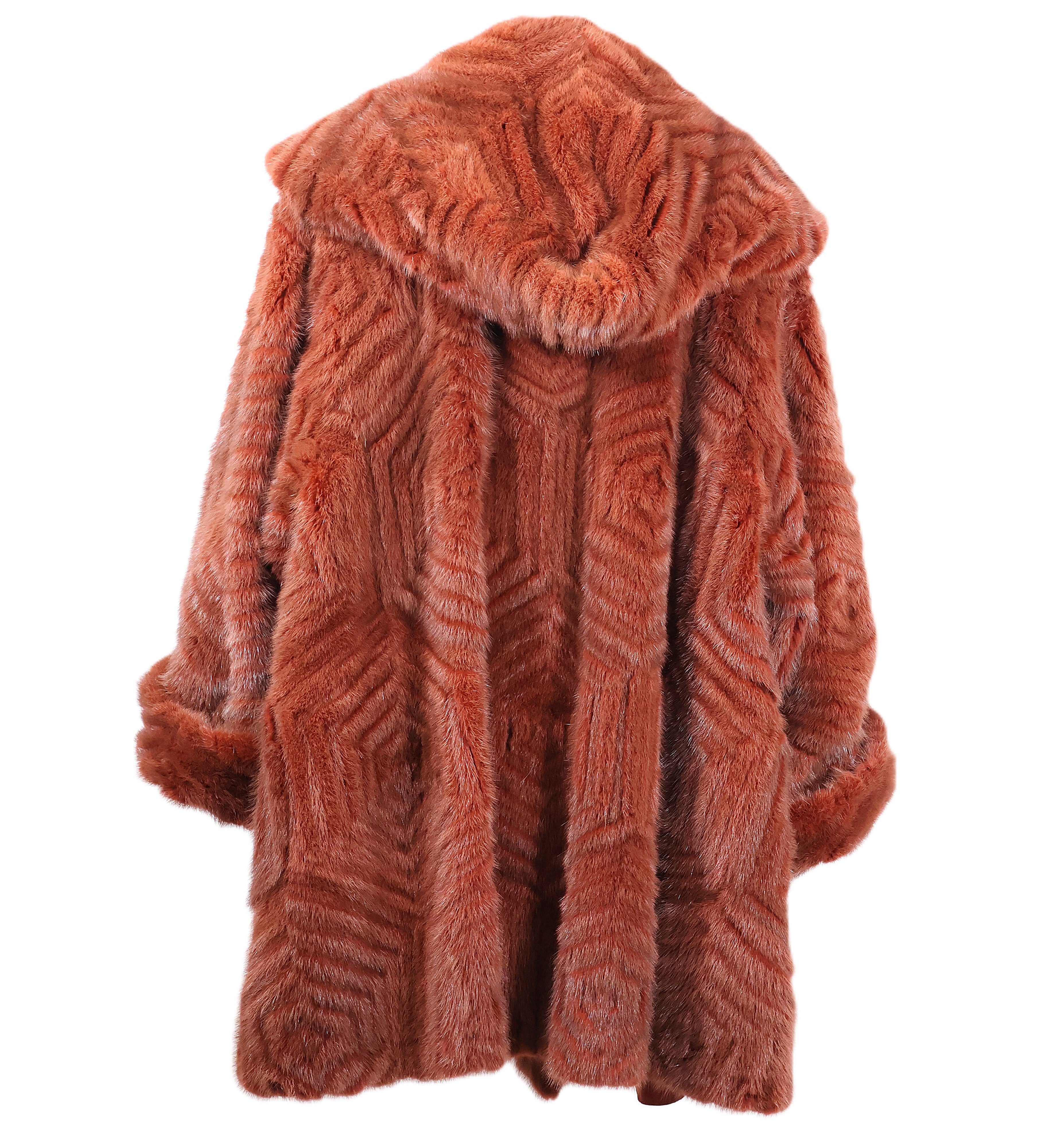 PRE-OWNED BRICK RED DYED LAYERED MINK HOODED STROLLER W/ TURN BACK CUFFS REVERSIBLE TO TAFFETA